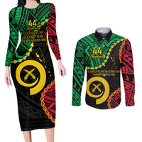 Personalised Vanuatu 44th Anniversary Couples Matching Long Sleeve Bodycon Dress and Long Sleeve Button Shirt Tugeta Yumi Selebretem Indipendens Dei