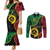 Personalised Vanuatu 44th Anniversary Couples Matching Mermaid Dress and Long Sleeve Button Shirt Tugeta Yumi Selebretem Indipendens Dei LT9 Black - Polynesian Pride