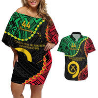 Personalised Vanuatu 44th Anniversary Couples Matching Off Shoulder Short Dress and Hawaiian Shirt Tugeta Yumi Selebretem Indipendens Dei LT9 Black - Polynesian Pride