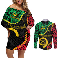 Personalised Vanuatu 44th Anniversary Couples Matching Off Shoulder Short Dress and Long Sleeve Button Shirt Tugeta Yumi Selebretem Indipendens Dei