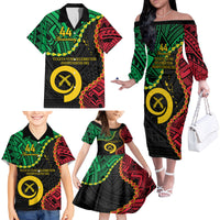Personalised Vanuatu 44th Anniversary Family Matching Off The Shoulder Long Sleeve Dress and Hawaiian Shirt Tugeta Yumi Selebretem Indipendens Dei LT9 - Polynesian Pride