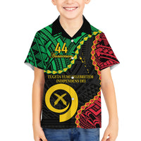 Personalised Vanuatu 44th Anniversary Family Matching Off The Shoulder Long Sleeve Dress and Hawaiian Shirt Tugeta Yumi Selebretem Indipendens Dei LT9 Son's Shirt Black - Polynesian Pride