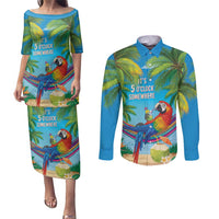 5 Oclock Somewhere Couples Matching Puletasi and Long Sleeve Button Shirt Hawaii Parrots Cocktail Summer Beach Vibe - Polynesian Pride