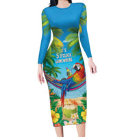 5 Oclock Somewhere Family Matching Long Sleeve Bodycon Dress and Hawaiian Shirt Hawaii Parrots Cocktail Summer Beach Vibe LT9 Mom's Dress Blue - Polynesian Pride