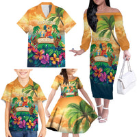 5 Oclock Somewhere Personalized Family Matching Off The Shoulder Long Sleeve Dress and Hawaiian Shirt Hawaii Parrots Plumeria Summer Vibe LT9 - Polynesian Pride