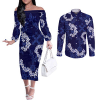 Mokihana Maile and Ilima Leis Couples Matching Off The Shoulder Long Sleeve Dress and Long Sleeve Button Shirt Uliuli Hawaiian Tapa Quilt Pattern LT9 Blue - Polynesian Pride