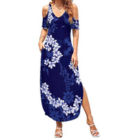 Mokihana Maile and Ilima Leis Family Matching Summer Maxi Dress and Hawaiian Shirt Uliuli Hawaiian Tapa Quilt Pattern LT9 Mom's Dress Blue - Polynesian Pride