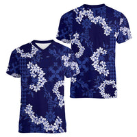 Mokihana Maile and Ilima Leis Women V-Neck T-Shirt Uliuli Hawaiian Tapa Quilt Pattern - Polynesian Pride