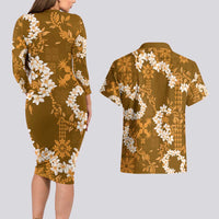 Mokihana Maile and Ilima Leis Couples Matching Long Sleeve Bodycon Dress and Hawaiian Shirt Alani Hawaiian Tapa Quilt Pattern LT9 - Polynesian Pride