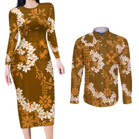 Mokihana Maile and Ilima Leis Couples Matching Long Sleeve Bodycon Dress and Long Sleeve Button Shirt Alani Hawaiian Tapa Quilt Pattern LT9 Gold - Polynesian Pride