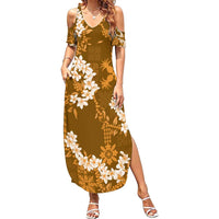 Mokihana Maile and Ilima Leis Family Matching Summer Maxi Dress and Hawaiian Shirt Alani Hawaiian Tapa Quilt Pattern LT9 Mom's Dress Gold - Polynesian Pride