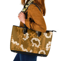 Mokihana Maile and Ilima Leis Leather Tote Bag Alani Hawaiian Tapa Quilt Pattern LT9 Gold - Polynesian Pride