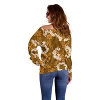 Mokihana Maile and Ilima Leis Off Shoulder Sweater Alani Hawaiian Tapa Quilt Pattern - Polynesian Pride