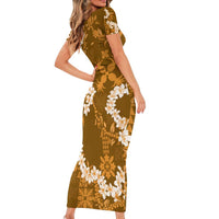 Mokihana Maile and Ilima Leis Short Sleeve Bodycon Dress Alani Hawaiian Tapa Quilt Pattern - Polynesian Pride