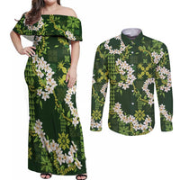 Mokihana Maile and Ilima Leis Couples Matching Off Shoulder Maxi Dress and Long Sleeve Button Shirt Omaʻomaʻo Hawaiian Tapa Quilt Pattern - Polynesian Pride