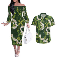 Mokihana Maile and Ilima Leis Couples Matching Off The Shoulder Long Sleeve Dress and Hawaiian Shirt Omaʻomaʻo Hawaiian Tapa Quilt Pattern LT9 Green - Polynesian Pride