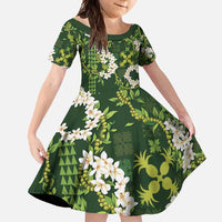 Mokihana Maile and Ilima Leis Family Matching Long Sleeve Bodycon Dress and Hawaiian Shirt Omaʻomaʻo Hawaiian Tapa Quilt Pattern LT9 Daughter's Dress Green - Polynesian Pride