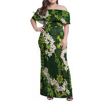 Mokihana Maile and Ilima Leis Family Matching Off Shoulder Maxi Dress and Hawaiian Shirt Omaʻomaʻo Hawaiian Tapa Quilt Pattern LT9 Mom's Dress Green - Polynesian Pride
