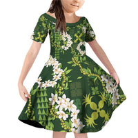 Mokihana Maile and Ilima Leis Family Matching Off Shoulder Short Dress and Hawaiian Shirt Omaʻomaʻo Hawaiian Tapa Quilt Pattern LT9 Daughter's Dress Green - Polynesian Pride