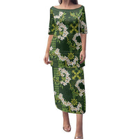 Mokihana Maile and Ilima Leis Family Matching Puletasi and Hawaiian Shirt Omaʻomaʻo Hawaiian Tapa Quilt Pattern LT9 Mom's Dress Green - Polynesian Pride