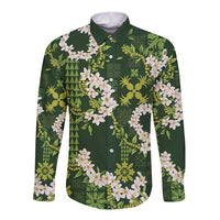 Mokihana Maile and Ilima Leis Long Sleeve Button Shirt Omaʻomaʻo Hawaiian Tapa Quilt Pattern LT9 Unisex Green - Polynesian Pride