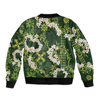 Mokihana Maile and Ilima Leis Sleeve Zip Bomber Jacket Omaʻomaʻo Hawaiian Tapa Quilt Pattern - Polynesian Pride