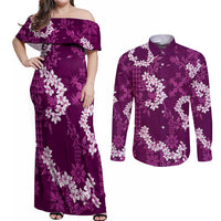 Mokihana Maile and Ilima Leis Couples Matching Off Shoulder Maxi Dress and Long Sleeve Button Shirt Akala Hawaiian Tapa Quilt Pattern LT9 Pink - Polynesian Pride