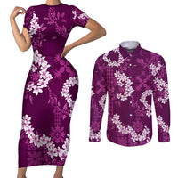 Mokihana Maile and Ilima Leis Couples Matching Short Sleeve Bodycon Dress and Long Sleeve Button Shirt Akala Hawaiian Tapa Quilt Pattern LT9 Pink - Polynesian Pride