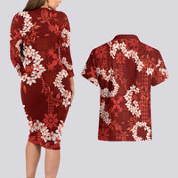 Mokihana Maile and Ilima Leis Couples Matching Long Sleeve Bodycon Dress and Hawaiian Shirt Ulaʻula Hawaiian Tapa Quilt Pattern LT9 - Polynesian Pride