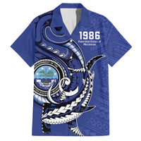 Personalized FSM 1986 Independence Day Family Matching Off Shoulder Short Dress and Hawaiian Shirt Polynesian Shark Tattoo Style LT9 Dad's Shirt - Short Sleeve Blue - Polynesian Pride