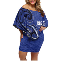 Personalized FSM 1986 Independence Day Family Matching Off Shoulder Short Dress and Hawaiian Shirt Polynesian Shark Tattoo Style LT9 Mom's Dress Blue - Polynesian Pride