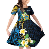 Personalised Tuvalu Beautiful Plumeria Flower Family Matching Off Shoulder Short Dress and Hawaiian Shirt LT9 Daughter's Dress Black - Polynesian Pride