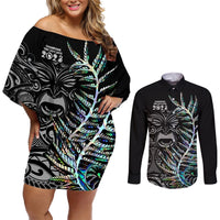 New Zealand Rugby Couples Matching Off Shoulder Short Dress and Long Sleeve Button Shirt NZ Black Fern Champions History With Papua Shell LT9 Black - Polynesian Pride