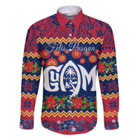 Personalised Guam Christmas Family Matching Off Shoulder Long Sleeve Dress and Hawaiian Shirt Felis Pusgua Santa Beach Polynesian Pattern LT9 Dad's Shirt - Long Sleeve Blue - Polynesian Pride