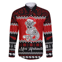 Personalised New Zealand Christmas Family Matching Off Shoulder Maxi Dress and Hawaiian Shirt Maori Tiki Meri Kirihimete LT9 Dad's Shirt - Long Sleeve Red - Polynesian Pride