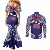 Samoa Black Saturday Couples Matching Mermaid Dress and Long Sleeve Button Shirt Samoa mo Samoa with Blue Ula Fala