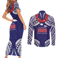 Samoa Black Saturday Couples Matching Short Sleeve Bodycon Dress and Long Sleeve Button Shirt Samoa mo Samoa with Blue Ula Fala