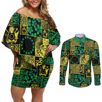 Cook Islands Mere Kiritimiti Couples Matching Off Shoulder Short Dress and Long Sleeve Button Shirt Pacific Patchwork Xmas Vibes LT9 Green - Polynesian Pride