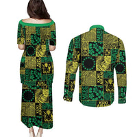 Cook Islands Mere Kiritimiti Couples Matching Puletasi and Long Sleeve Button Shirt Pacific Patchwork Xmas Vibes - Polynesian Pride