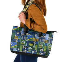 Solomon Islands Meri Kirihimete Leather Tote Bag Pacific Patchwork Xmas Vibes - Polynesian Pride