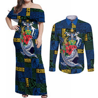 Solomon Islands Meri Kirihimete Couples Matching Off Shoulder Maxi Dress and Long Sleeve Button Shirt Funny Santa Riding Shark - Polynesian Pride