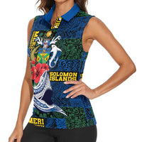 Solomon Islands Meri Kirihimete Women Sleeveless Polo Shirt Funny Santa Riding Shark - Polynesian Pride