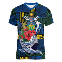 Solomon Islands Meri Kirihimete Women V-Neck T-Shirt Funny Santa Riding Shark - Polynesian Pride