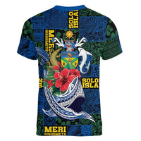 Solomon Islands Meri Kirihimete Women V-Neck T-Shirt Funny Santa Riding Shark - Polynesian Pride