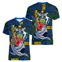 Solomon Islands Meri Kirihimete Women V-Neck T-Shirt Funny Santa Riding Shark - Polynesian Pride