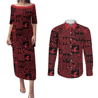 Black Tonga Kilisimasi Fiefia Couples Matching Puletasi and Long Sleeve Button Shirt Pacific Patchwork Xmas Vibes - Polynesian Pride