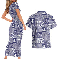 Blue Tonga Kilisimasi Fiefia Couples Matching Short Sleeve Bodycon Dress and Hawaiian Shirt Pacific Patchwork Xmas Vibes - Polynesian Pride