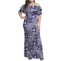 Blue Tonga Kilisimasi Fiefia Family Matching Off Shoulder Maxi Dress and Hawaiian Shirt Pacific Patchwork Xmas Vibes LT9 Mom's Dress Blue - Polynesian Pride