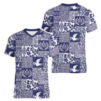 Blue Tonga Kilisimasi Fiefia Women V-Neck T-Shirt Pacific Patchwork Xmas Vibes - Polynesian Pride