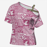 Pink Tonga Kilisimasi Fiefia Cross Shoulder Shirt Pacific Patchwork Xmas Vibes - Polynesian Pride